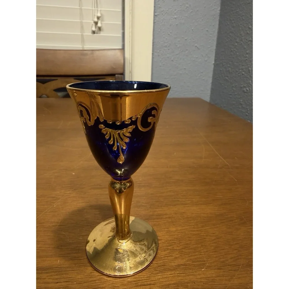 Lot Of 5 Vintage Handmade Murano Multi Color Gold Tre Fuochi Cordial Glasses